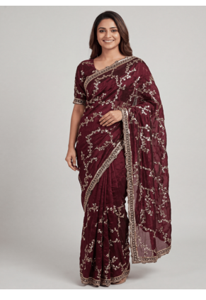 Maroon Color beads work chiffon saree  1