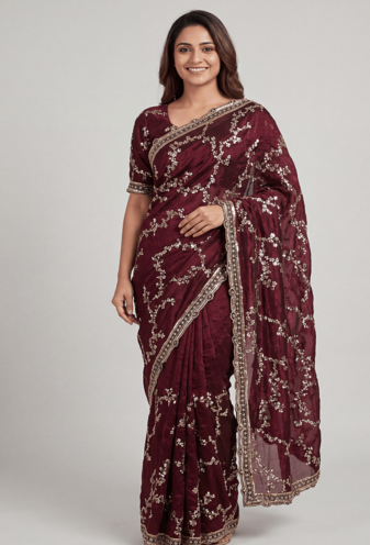Maroon Color beads work chiffon saree 