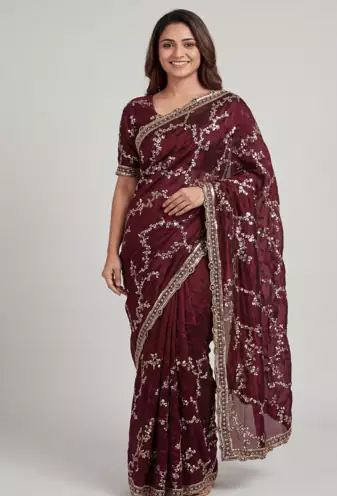 Maroon Color beads work chiffon saree 