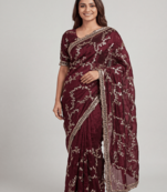 Maroon Color beads work chiffon saree 