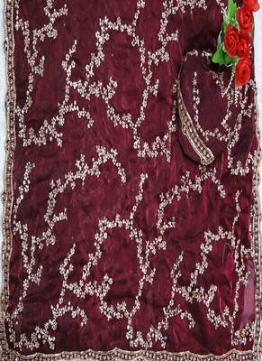 Maroon Color beads work chiffon saree  2