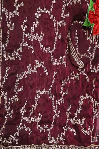 Maroon Color beads work chiffon saree 