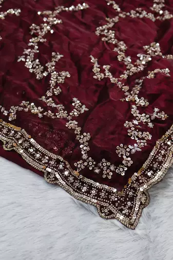 Maroon Color beads work chiffon saree 