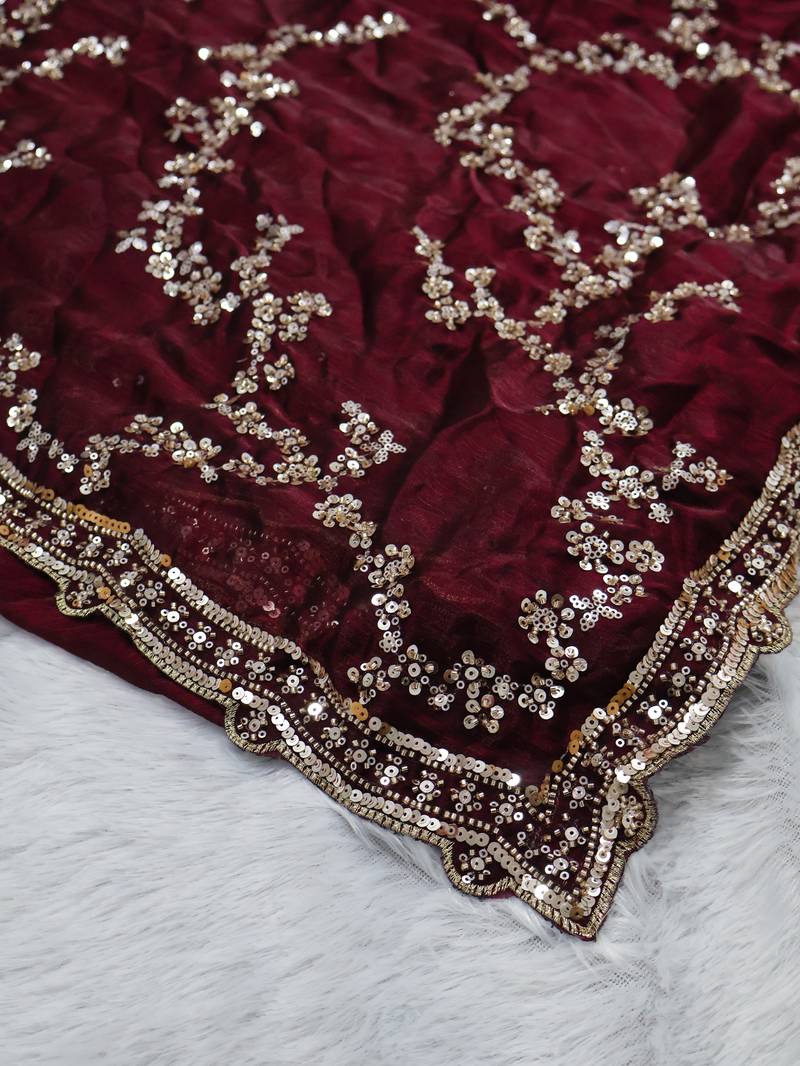 Maroon Color beads work chiffon saree 