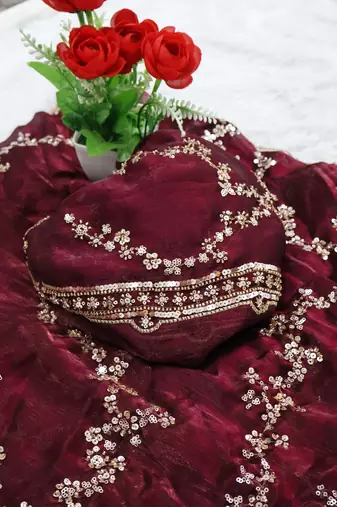 Maroon Color beads work chiffon saree 