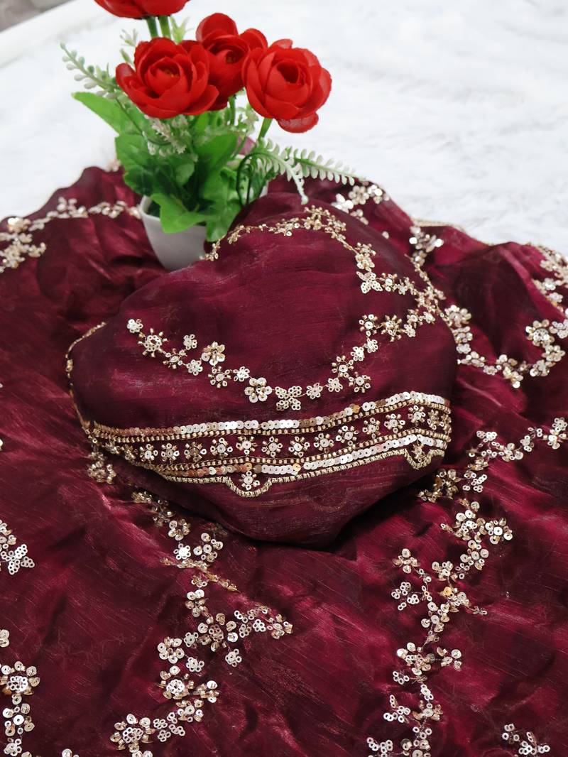 Maroon Color beads work chiffon saree 