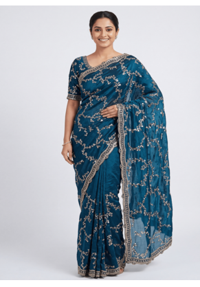 Teal Color beads work chiffon saree  1