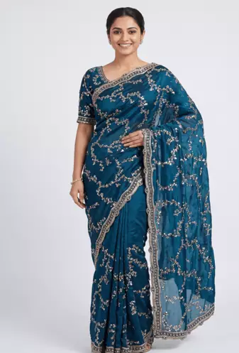 Teal Color beads work chiffon saree 