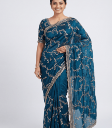 Teal Color beads work chiffon saree 