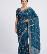 Teal Color beads work chiffon saree 