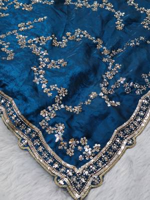 Teal Color beads work chiffon saree  2