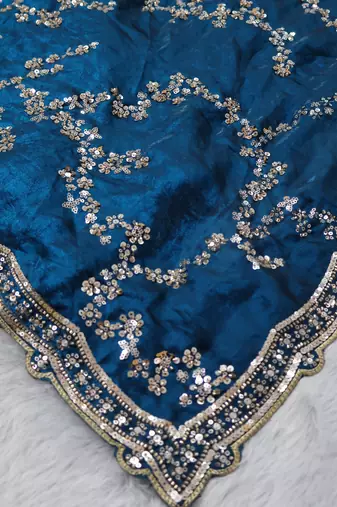 Teal Color beads work chiffon saree 