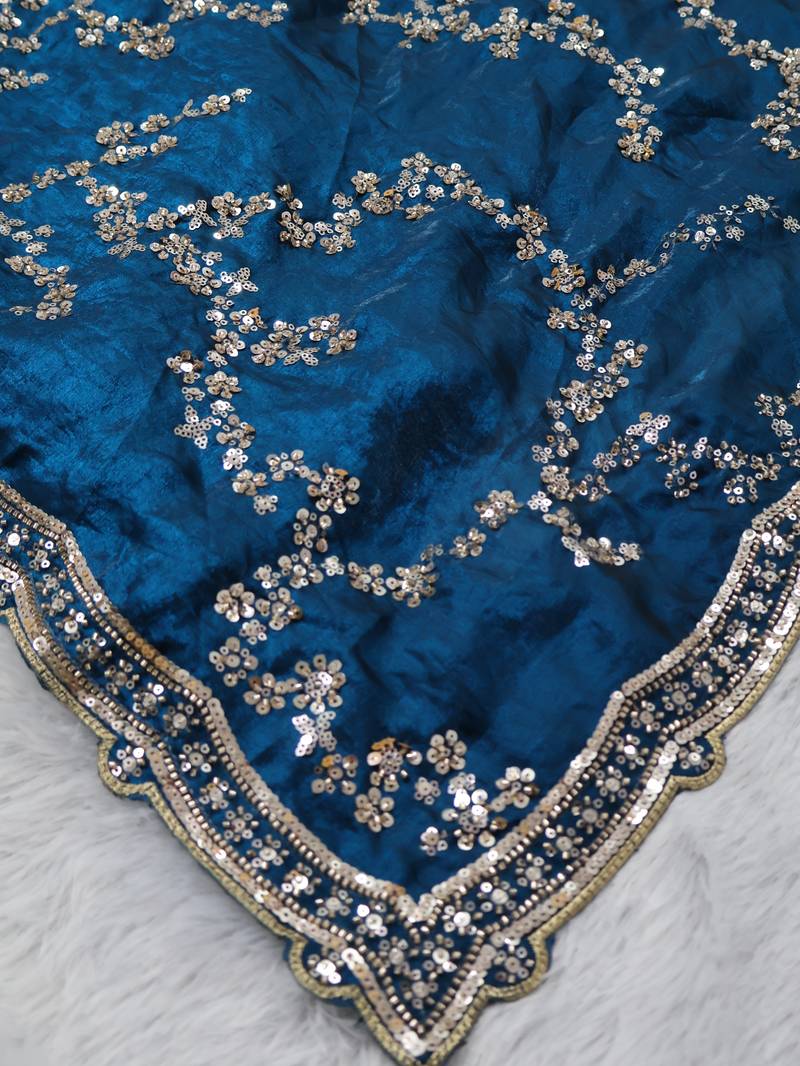 Teal Color beads work chiffon saree 
