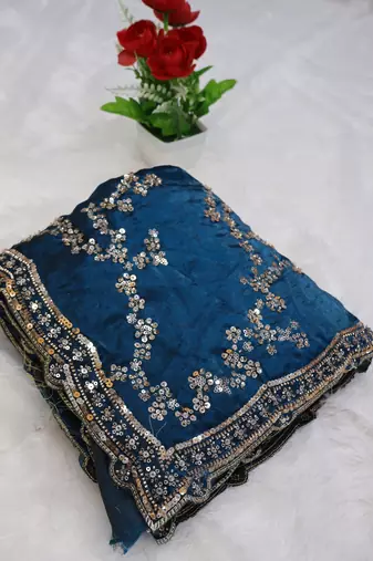 Teal Color beads work chiffon saree 
