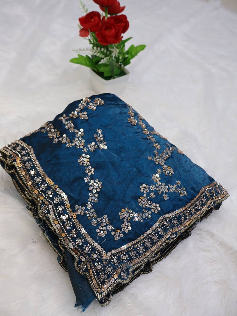 Teal Color beads work chiffon saree 