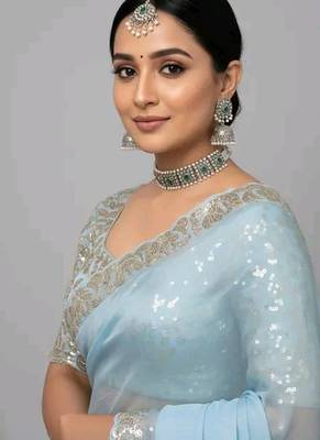 Sky Blue Color Embroidery And sequence work chiffon saree 1
