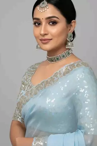 Sky Blue Color Embroidery And sequence work chiffon saree