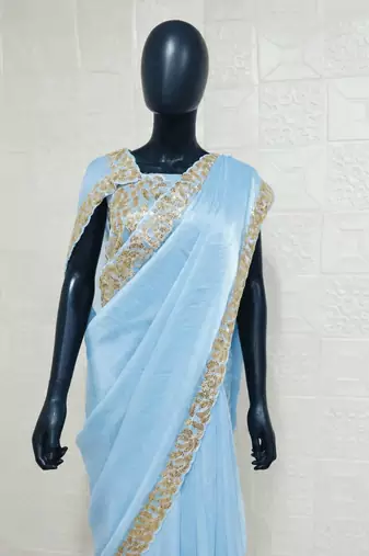 Sky Blue Color Embroidery And sequence work chiffon saree