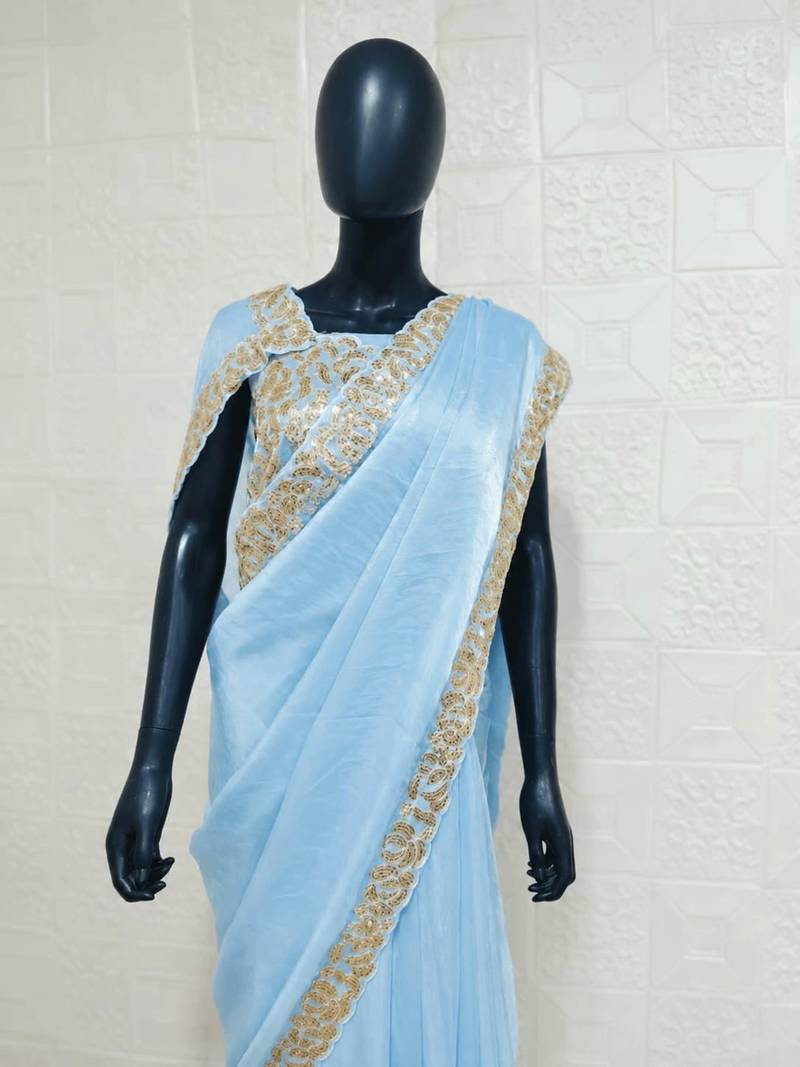 Sky Blue Color Embroidery And sequence work chiffon saree