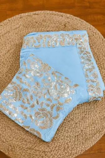 Sky Blue Color Embroidery And sequence work chiffon saree