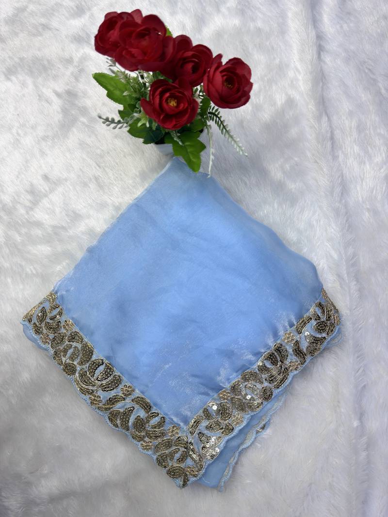 Sky Blue Color Embroidery And sequence work chiffon saree