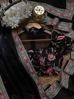 Black Color Embroidery and sequence work satin Saree 1