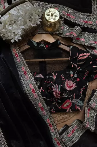 Black Color Embroidery and sequence work satin Saree