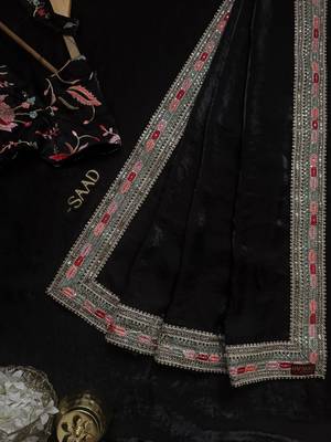 Black Color Embroidery and sequence work satin Saree 3