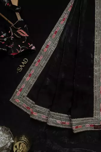 Black Color Embroidery and sequence work satin Saree