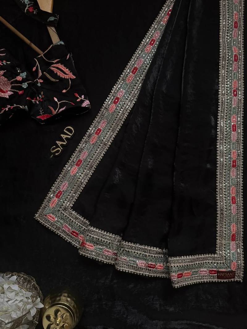 Black Color Embroidery and sequence work satin Saree