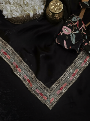Black Color Embroidery and sequence work satin Saree 4