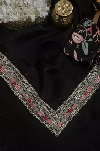 Black Color Embroidery and sequence work satin Saree