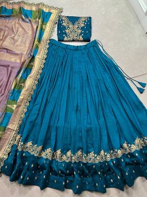 teal vichitra silk navratri chaniya choli with sequins thread embroidery 6
