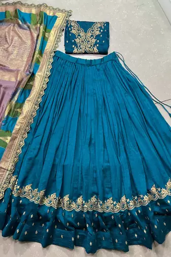 teal vichitra silk chaniya choli with sequins and thread embroidery
