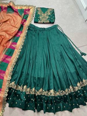 green vichitra silk chaniya choli with sequins & thread embroidery 6