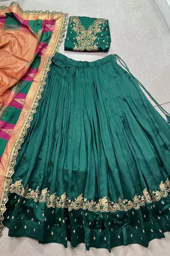 green vichitra silk chaniya choli with sequins & thread embroidery