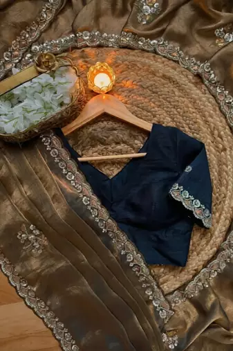 Light Brown beads work chiffon saree 