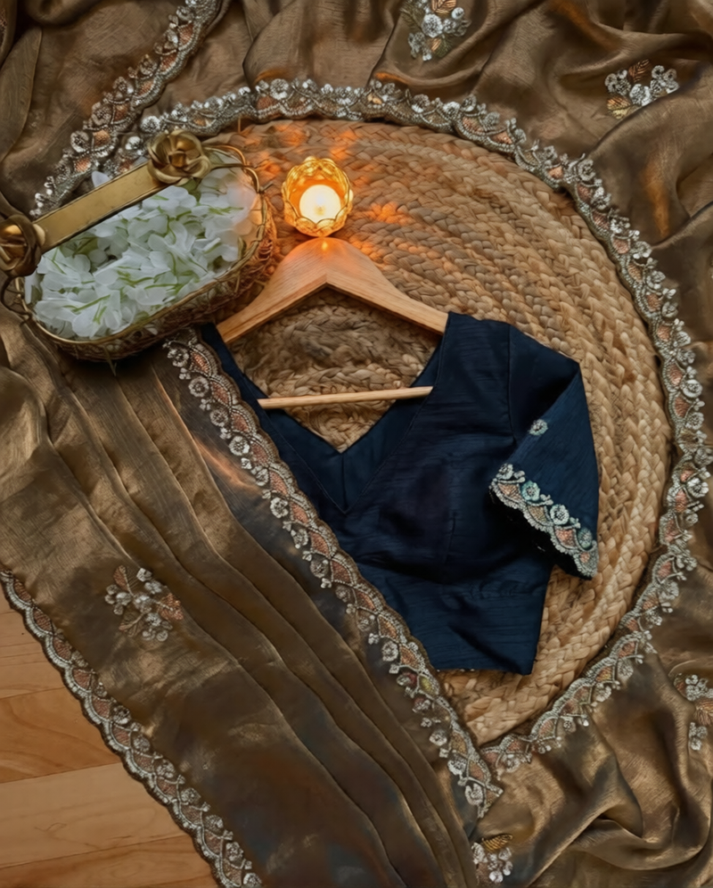 Light Brown beads work chiffon saree 