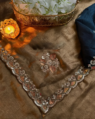 Light Brown beads work chiffon saree  2