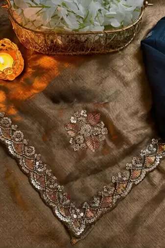 Light Brown beads work chiffon saree 
