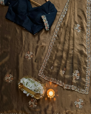 Light Brown beads work chiffon saree  3