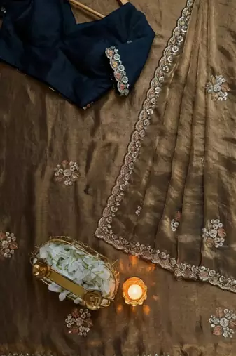 Light Brown beads work chiffon saree 