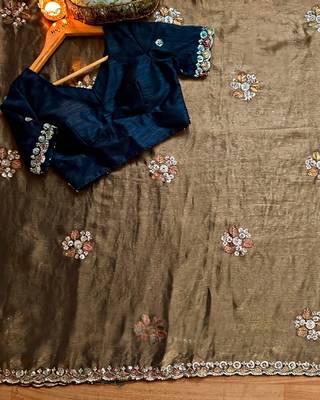 Light Brown beads work chiffon saree  4