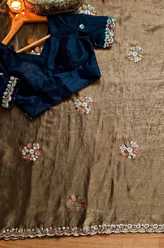 Light Brown beads work chiffon saree 