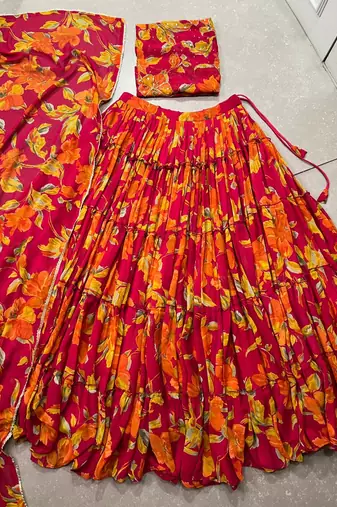 pink marble floral printed chaniya choli set for women