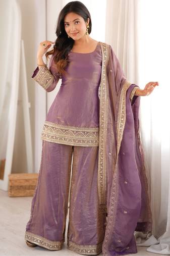Dusty pink embroidered frendy silk kurta palazzo set with elegant dupatta for festive wear