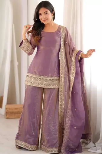 Dusty pink embroidered frendy silk kurta palazzo set with elegant dupatta for festive wear
