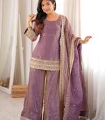 Dusty pink embroidered frendy silk kurta palazzo set with elegant dupatta for festive wear