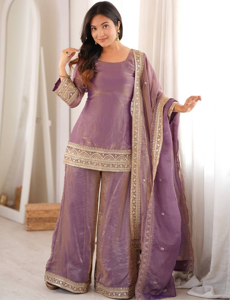 Dusty pink embroidered frendy silk kurta palazzo set with elegant dupatta for festive wear