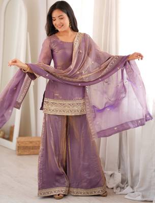 Dusty pink embroidered frendy silk kurta palazzo set with elegant dupatta for festive wear 2